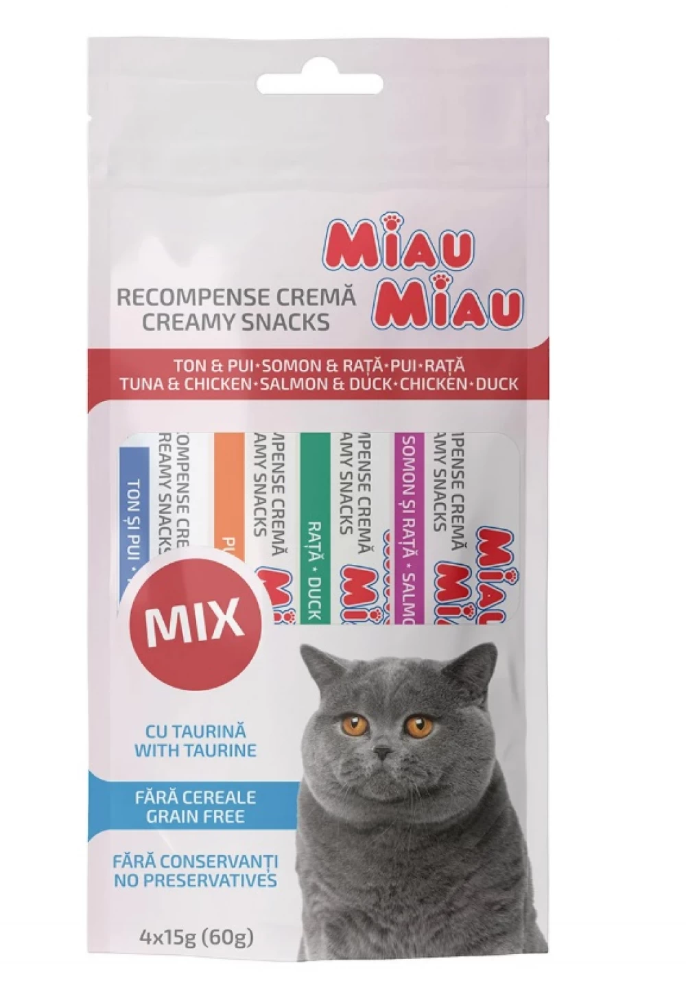 Miau Miau Recompense Cremoase Creamy Snacks Mix cu Ton si Pui, Pui, Rata, Somon si Rata, 4x15 g