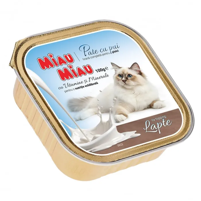 Pateu pentru pisici Miau Miau cu pui & topping de lapte 100 gr