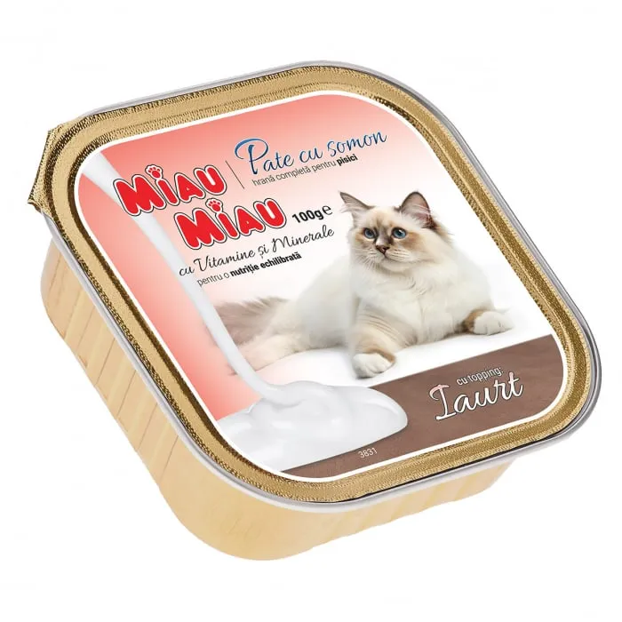 Pateu pentru pisici Miau Miau cu somon & topping de iaurt 100 gr